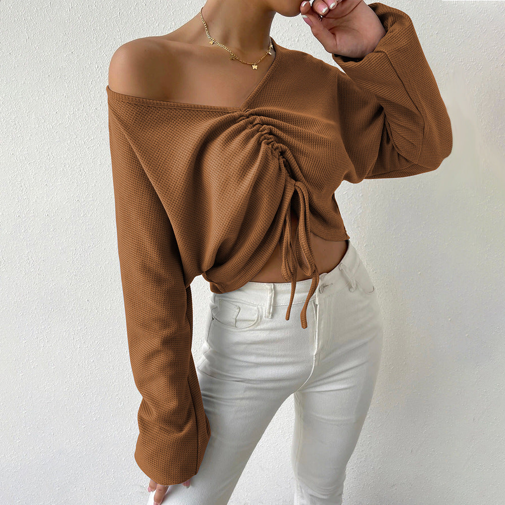 Sexy V-Neck Waffle Drawstring Long Sleeve T-Shirt Wholesale Crop Tops