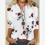 Fashion Print V-Neck Tops Buttons Mid-Sleeve Loose Womens T Shirts Wholesale