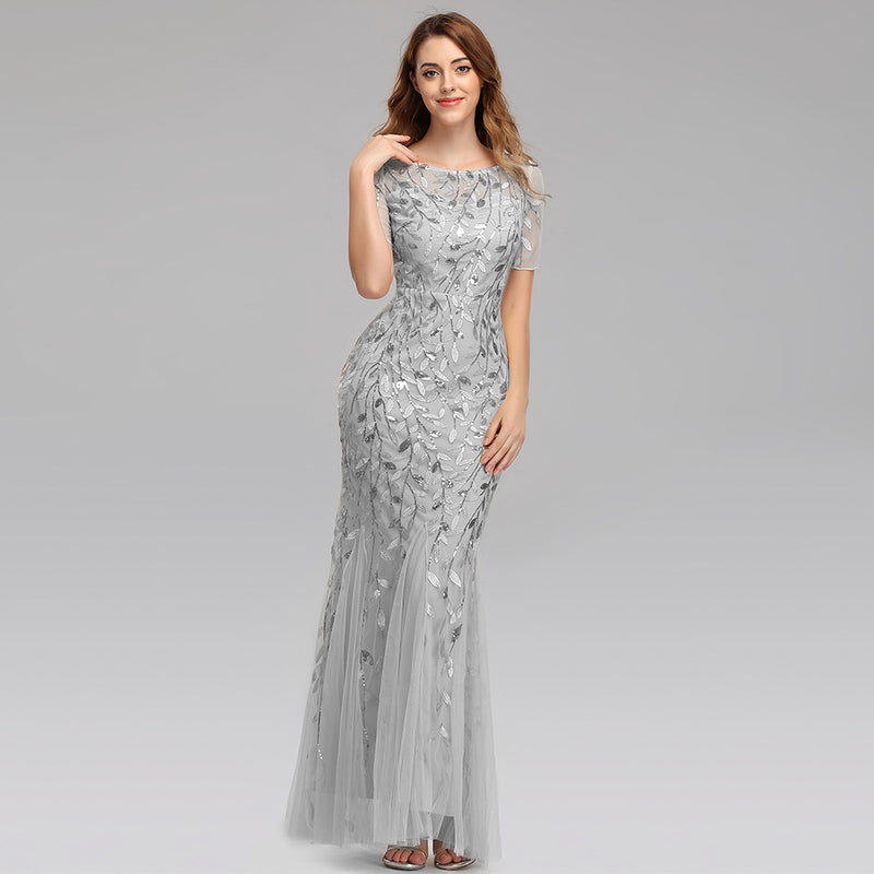 Women Slim Fit Mesh Sleeve Sequin Evening Maxi Dress Wholesale Prom Dresses