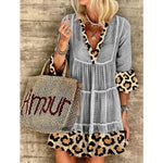 V Neck Leopard Print Mid Sleeve Cotton & Linen Smocked Ruffle Dress Casual Wholesale Dresses