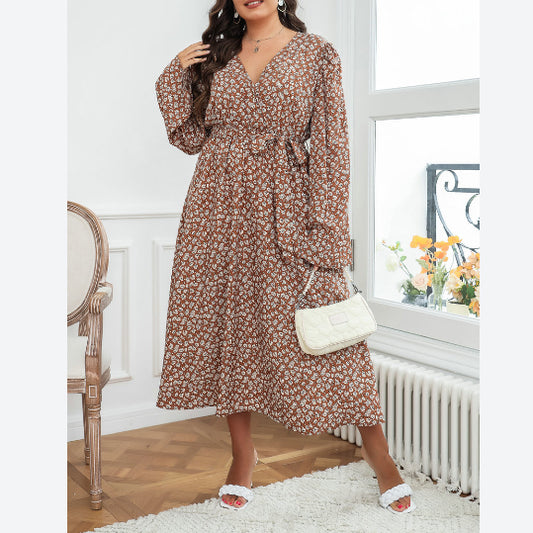 Floral Print Long Sleeve V Neck Tie Waist Wholesale Plus Size Dresses