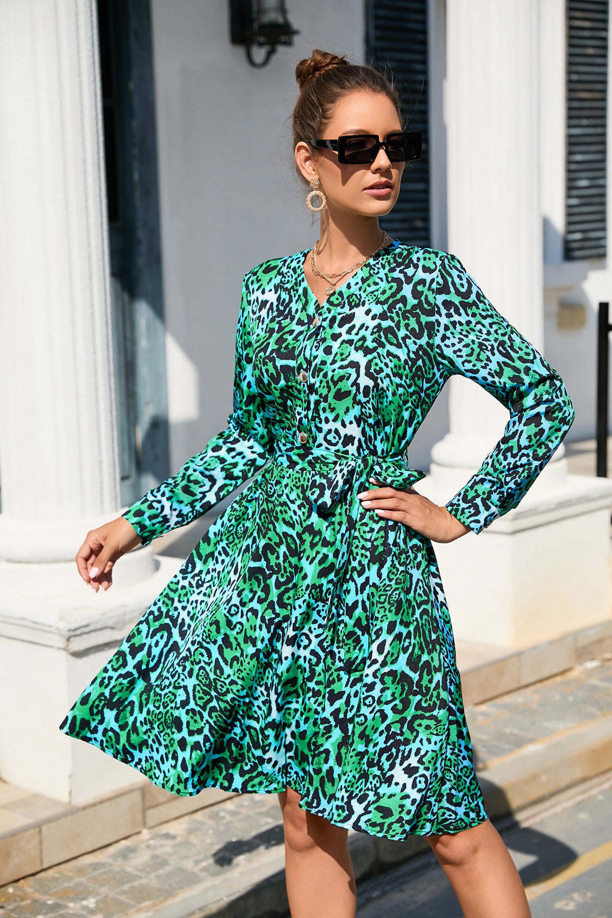 Printed Long Sleeve Mid-Length Dress Wholesale Dresses