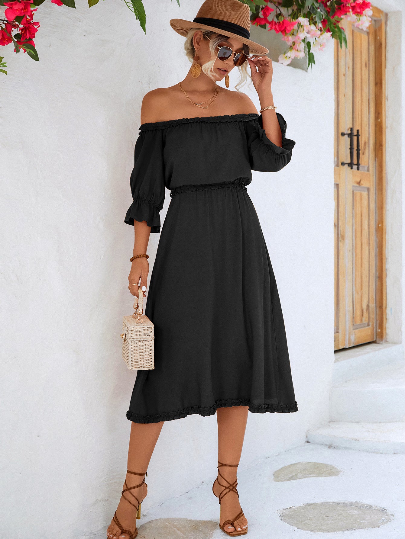 Ruffled One Shoulder Off Shoulder Swing Dress Wholesale Dresses