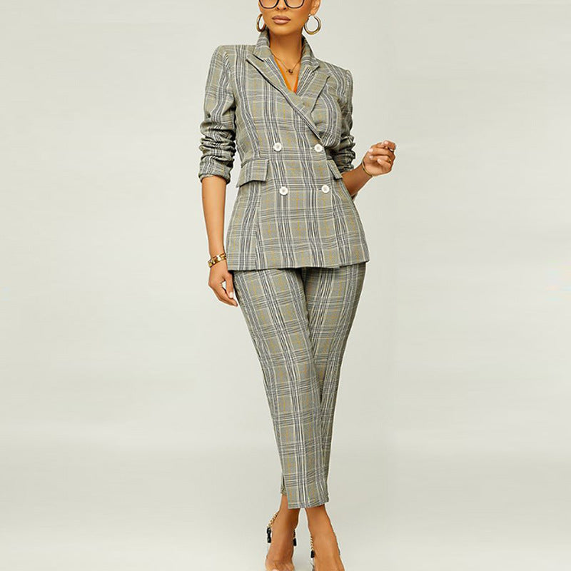 Fashion Checked Slim Blazer & Pants Wholesale Womens 2 Piece Sets