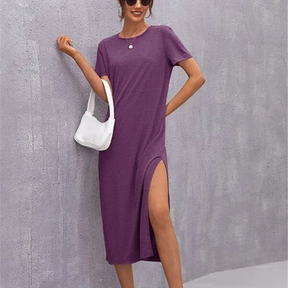 Solid Color Soft Short Sleeve Crew Neck Slit Midi Dresses Casual T Shirt Dress Wholesale