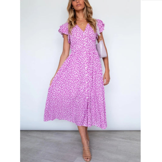 Elegant V-Neck Ruffle Sleeve Printed Midi Dress Wholesale Dresses