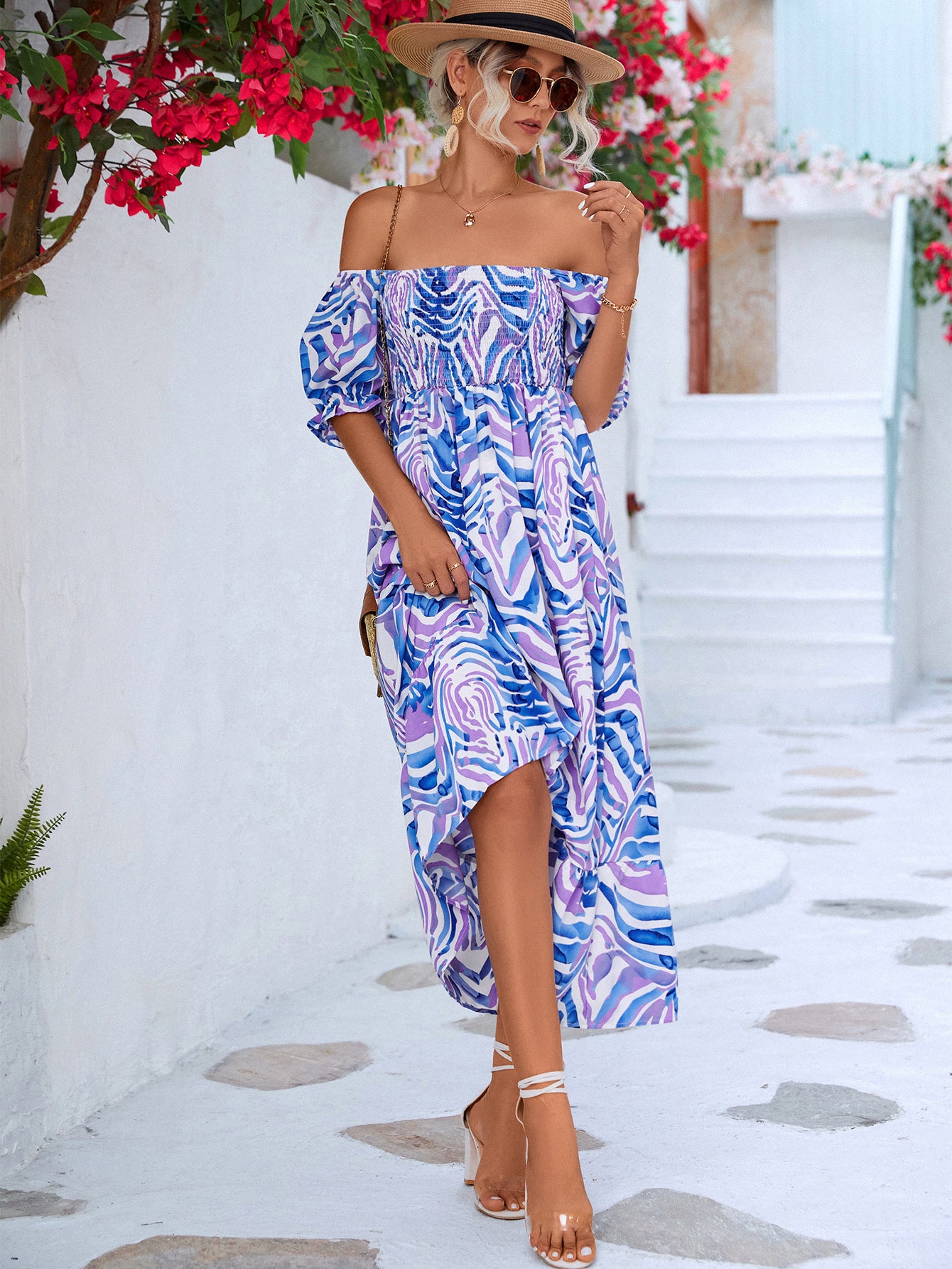 Off Shoulder Printed High Waist A-Line Dress Wholesale Dresses