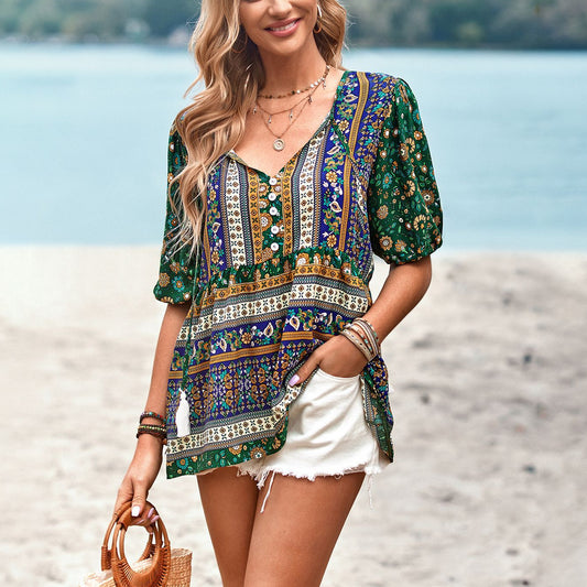 Bohemian Print Commuter V-Neck Lantern Sleeve Blouses Wholesale Women'S Tops