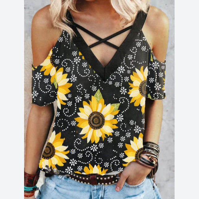 Sunflower Printed Sling Strap Off Shoulder Women'S Wholesale T Shirts