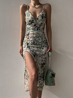 Sexy Low Cut Deep V Sling Lace-Up Midi Dress Backless Side Slit Print Wholesale Dresses