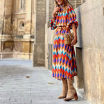 Trendy Geometric Print Long Sleeve Midi Dress Wholesale Dresses