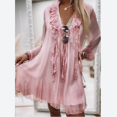 Solid Color Ruffles Deep V  Short Lantern Sleeve Midi Dress Loose Fashion Wholesale Dresses