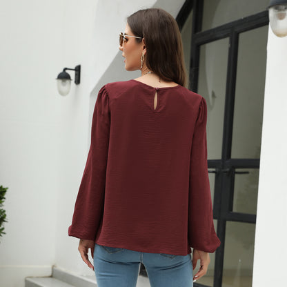 Chiffon Loose Solid Color Lantern Sleeve Tops Wholesale Womens Long Sleeve T Shirts