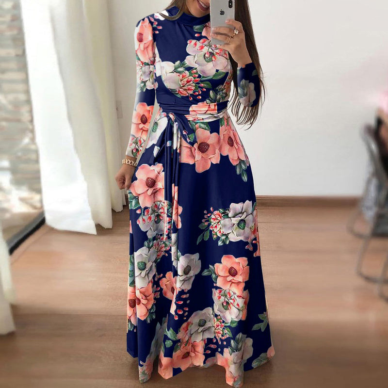 Fashion Slim Floral Maxi Dress Round Neck Long Sleeve Casual Wholesale Dresses With Belt