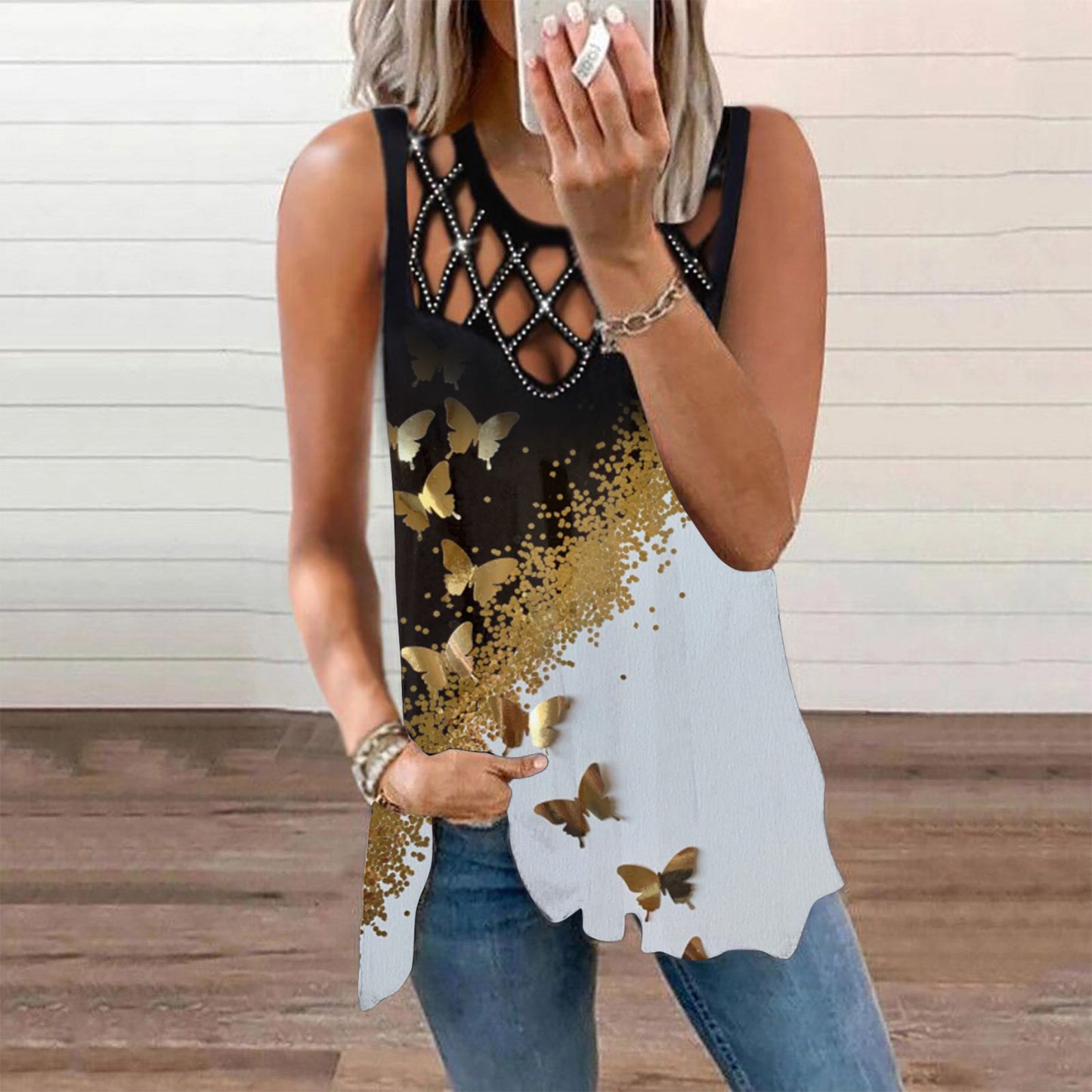 Sexy Hollow Out Print Tops Hot Drill Loose Sleeveless Womens T Shirts Wholesale