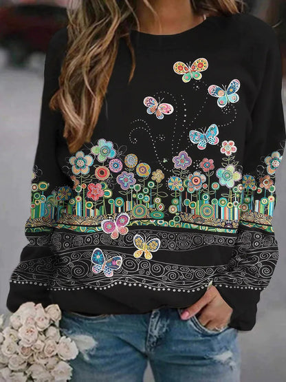 Fashion Print Tops Crew Neck Loose Wholesale Womens Long Sleeve T Shirts