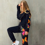 Women's Butterfly Print Long Sleeve Hooded Zipper Loose Sports Wholesale Activewear Sets