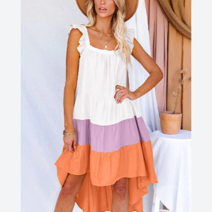 Sleeveless Colorblock Print Irregular Hem Loose Smocked Tank Dress Casual Wholesale Dresses