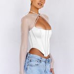 Sexy Fishbone Hollow Perspective Mesh Satin Mosaic Cropped Top Wholesale Women Top