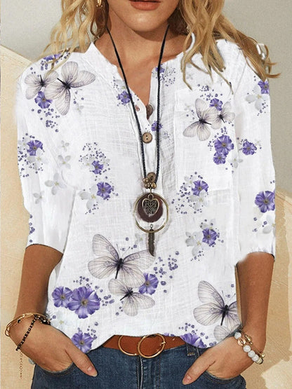 Fashion Print V-Neck Tops Buttons Mid-Sleeve Loose Womens T Shirts Wholesale