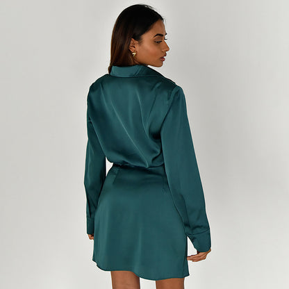 Sexy Lapel Nipped Waist Long Sleeve Wrap Satin Dress Wholesale Dresses