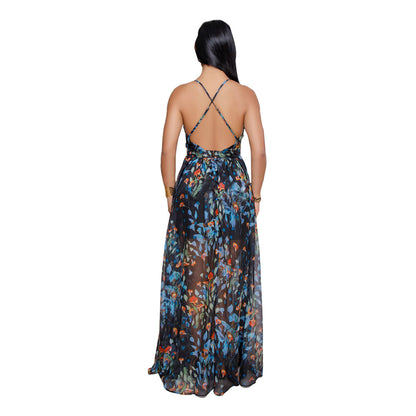 Fashion Print Deep V Neck Open Back Chiffon Beach Sling Wide Swing Dress Sexy Wholesale Maxi Dresses