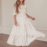 Plaid & Floral Print Square Neck Lantern Short Sleeve Ruffle Smocked Dress Casual Wholesale Maxi Dresses