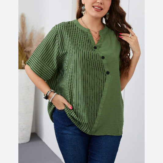 Striped Print Patchwork Button V Neck Wholesale Plus Size Tops for Women Summer