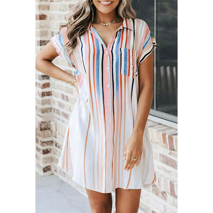 Casual Loose Striped Shirt Dress Short Sleeve Single-Breasted Wholesale Dresses