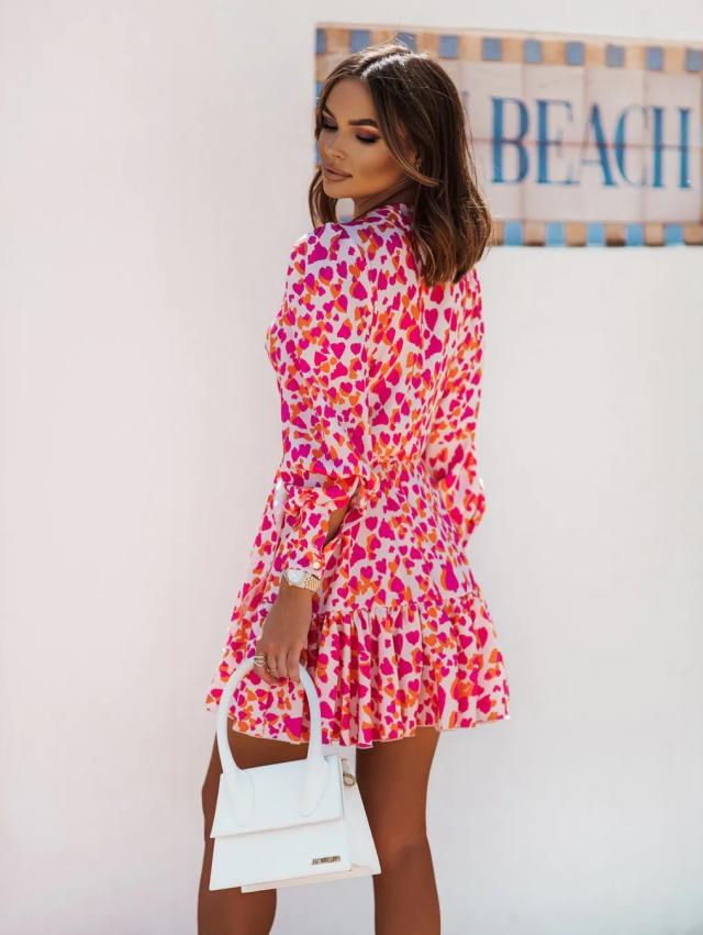 Geometric & Floral Print Womens V Neck Long Lantern Sleeve Tie-Up Waist Swing Ruffled Dress Wholesale Dresses