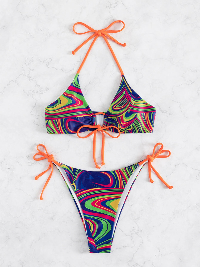 Printed Two Piece Neck Bikini Split Swimsuits Wholesale Womens Swimwear
