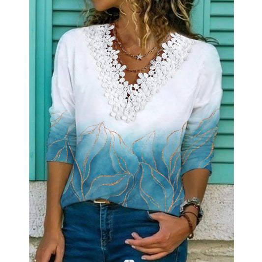 Casual Lace Trim V-Neck Print Tops Loose Wholesale Womens Long Sleeve T Shirts