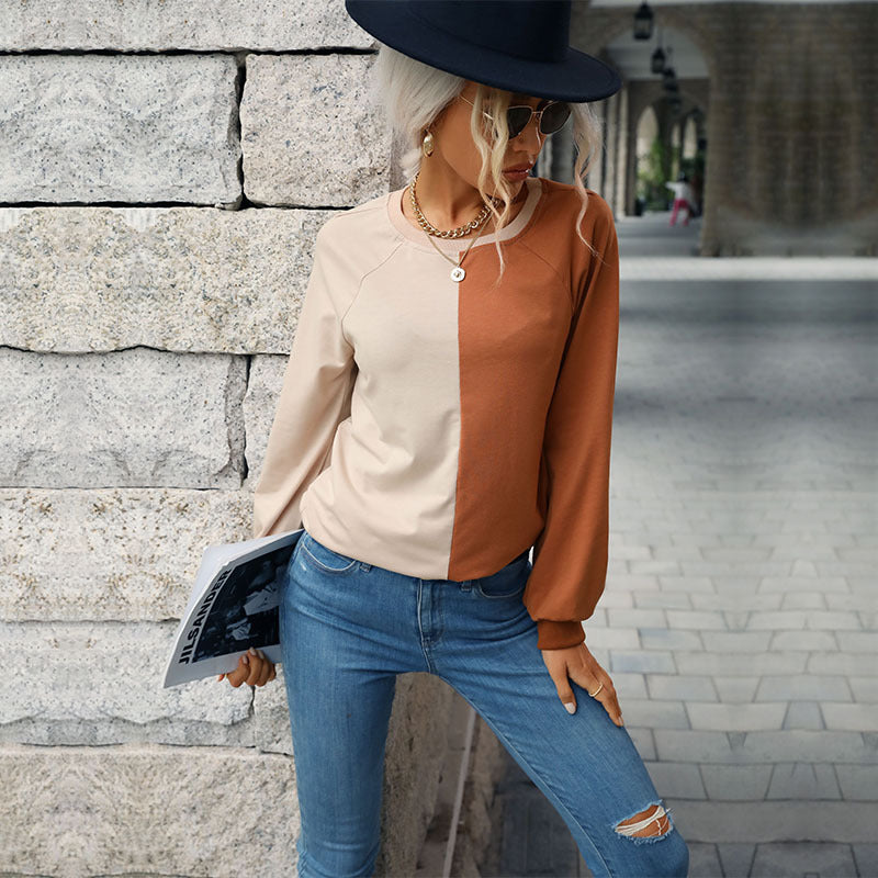 Splicing Long Sleeve Round Neck Casual Base Layer Pullover Top Wholesale Women Top