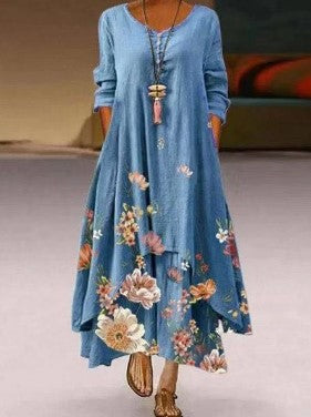 Fashion Print Maxi Dress Irregular Hem Crew Neck Long Sleeve Loose Wholesale Dresses