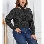 Polka Dot Lace-Up Collar Long Sleeve Blouse Curvy Tops Wholesale Plus Size Clothing N5323021500041
