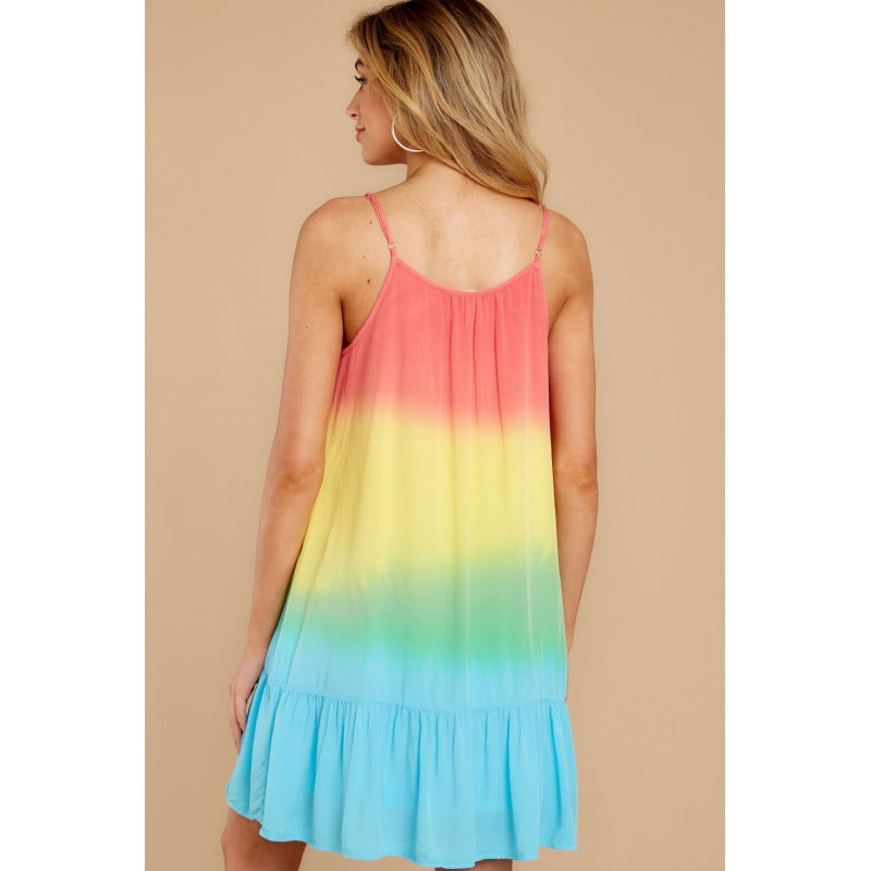 Tie-Dye Rainbow Gradient Print Sling Loose Ruffled Dress Wholesale Dresses