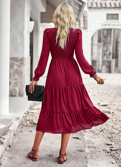 Solid Color Long Sleeve High Waist Smocked Swing Dress Wholesale Dresses