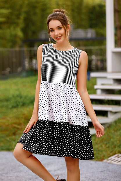 Polka Dot Striped Colorblock Print Crew Neck Fashion Sleeveless Loose Tank Smocked Dress Wholesale Casual Dresses