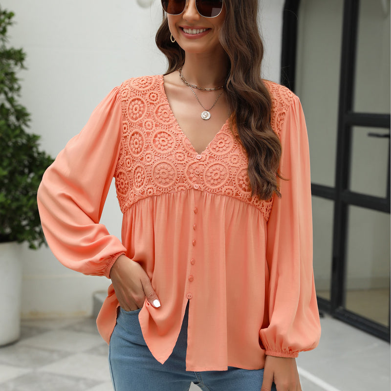 Elegant And Elegant Lace Stitching Lantern Sleeve Solid Color Blouses Wholesale Women Top