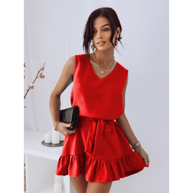 V-Neck Sleeveless Lace-Up Ruffled Swing Tank Dress Wholesale Dresses