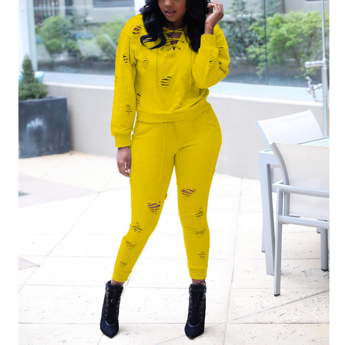 Neckline Machine Eye Burnout Stretch Personalized Hollow Sports Two-Piece Set Wholesale Women Clothing