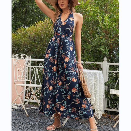 Halter Neck Sexy Retro Print V-Neck Slim Backless Dress Wholesale Dresses