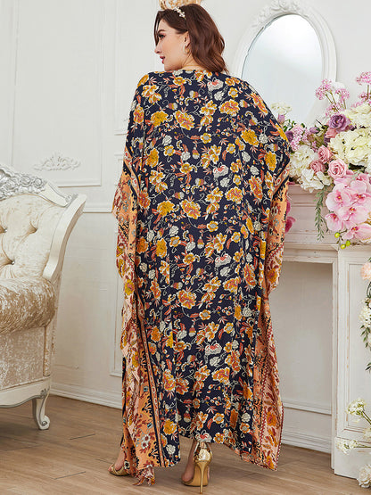 Floral Print Doll Sleeve Curvy Maxi Dresses Wholesale Plus Size Clothing