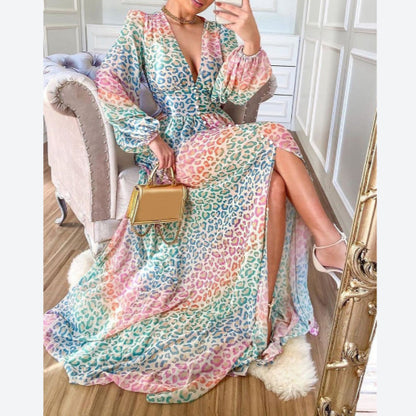 Colorful Leopard Print Lantern Sleeve Deep-V Slit Swing Dress Sexy Vacation Wholesale Maxi Dresses