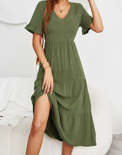 Fashion Loose V-Neck Swing Dress Solid Color Short Sleeve Wholesale Dresses