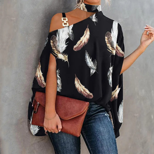 Sexy Slant Collar Top Loose Print Wholesale Women Tops