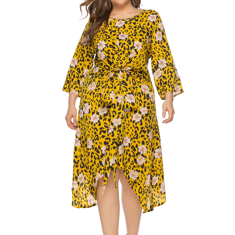 Casual Round Neck Lace-Up Dress Midi Irregular Plus Size Wholesale Dresses