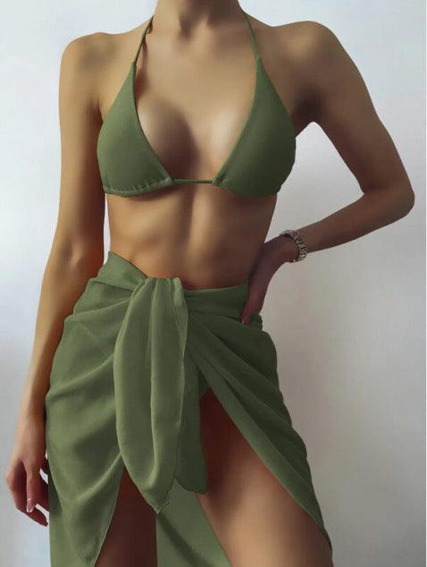 Sexy Bikini Triangle & Beach Skirt Cover Up 3pcs Sets Solid Color Womens Swimwear Wholesale