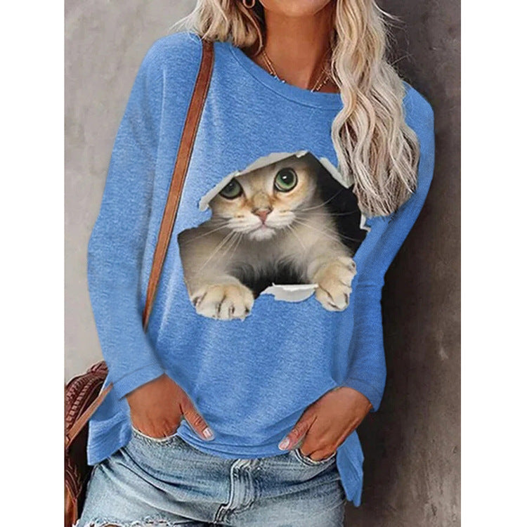 Fashion Cat Print Tops Round Neck Casual Wholesale Womens Long Sleeve T Shirts