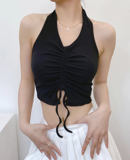 Sexy Wrap Chest Sling Top Lace Up Drawstring Backless High Waist Solid Color Wholesale Crop Tops